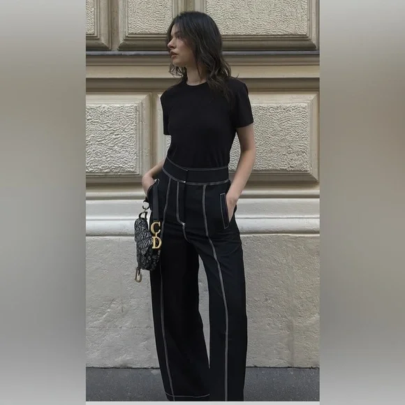 Acler Black Wide Leg Pants with White Stitching - Picture 2 of 8